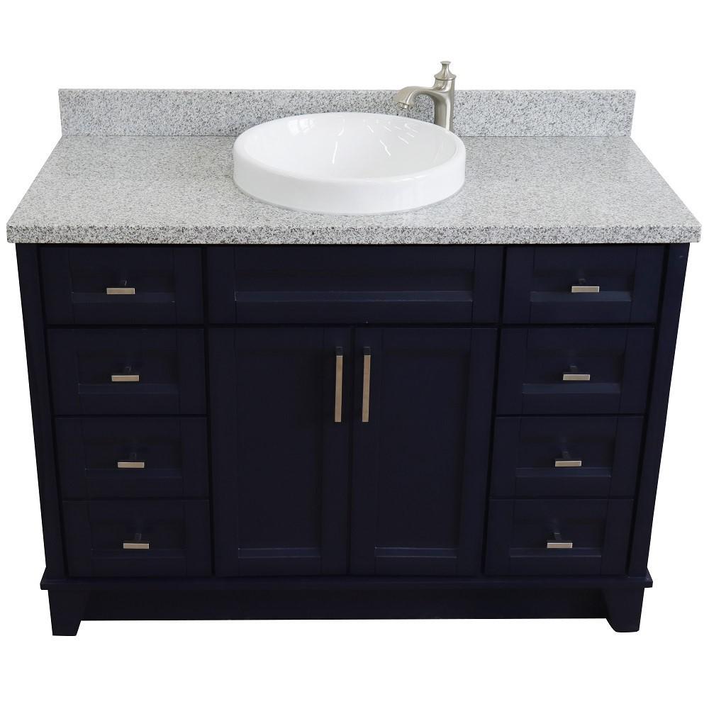 49 Single sink vanity in Blue finish with Gray granite and round sink. Picture 10