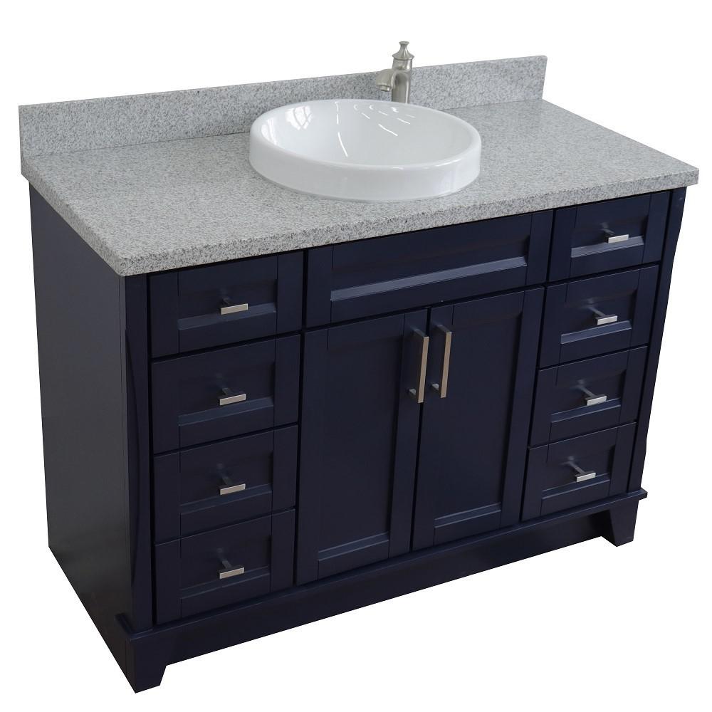49 Single sink vanity in Blue finish with Gray granite and round sink. Picture 11
