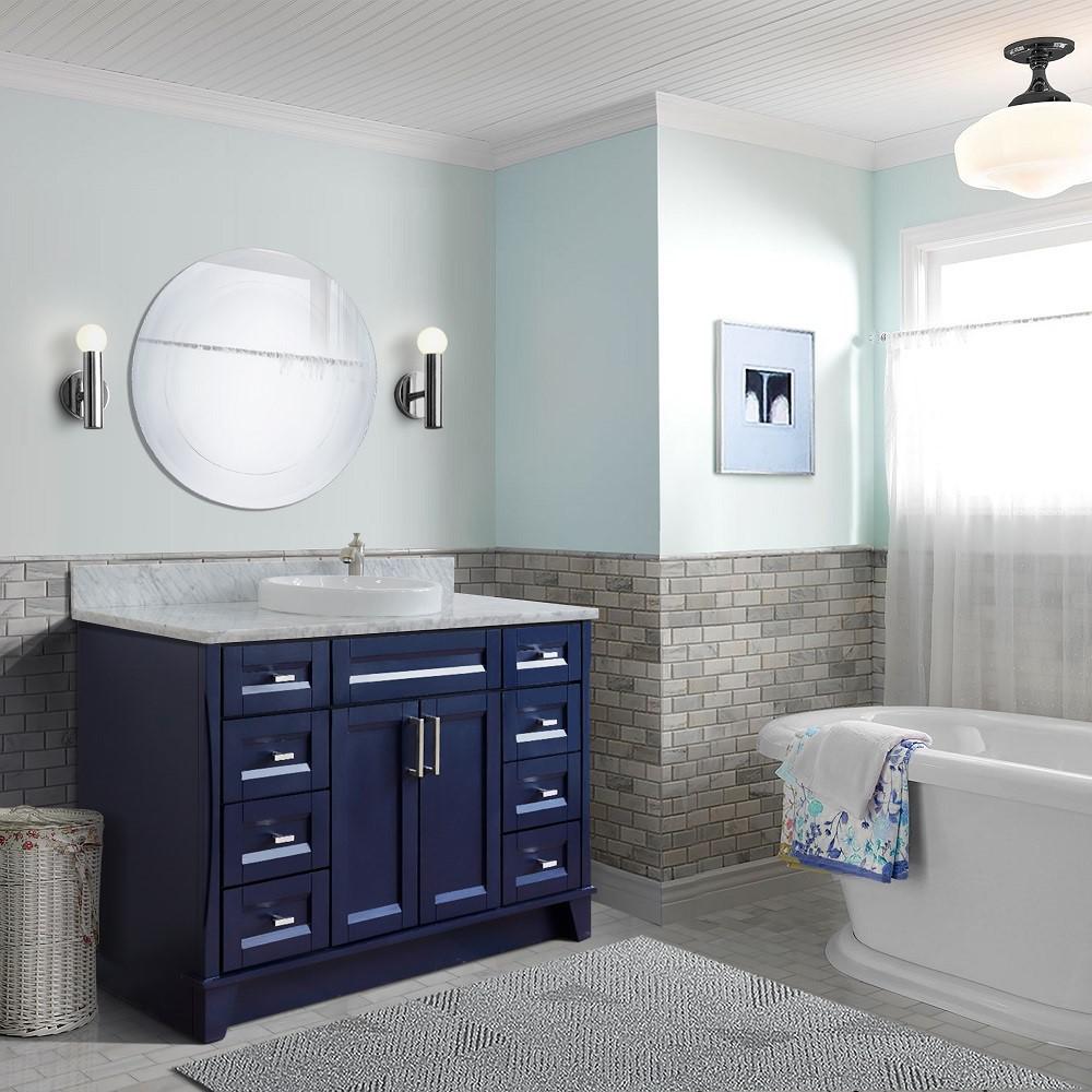 49 Single sink vanity in Blue finish with White carrara marble and round sink. Picture 2