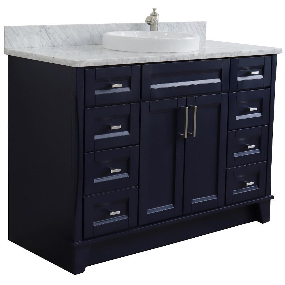 49 Single sink vanity in Blue finish with White carrara marble and round sink. Picture 5