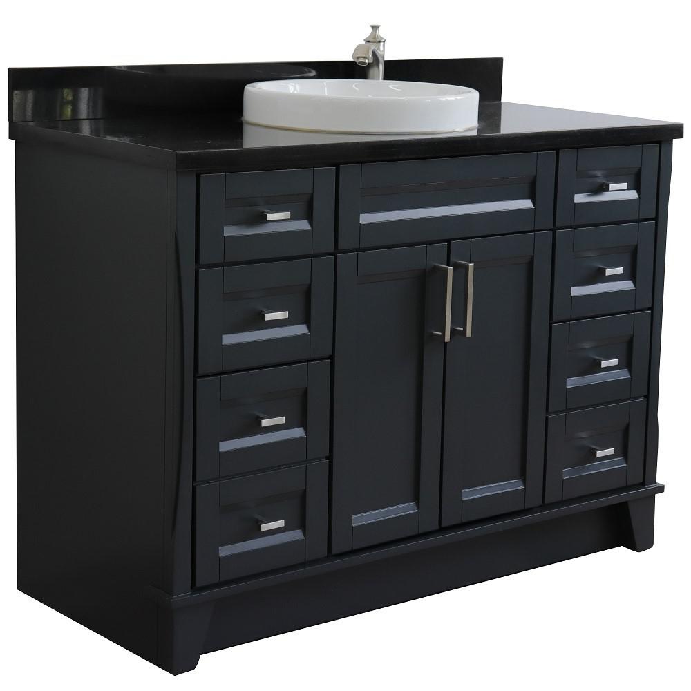 Single sink vanity in Dark Gray with Black galaxy granite and round sink. Picture 6