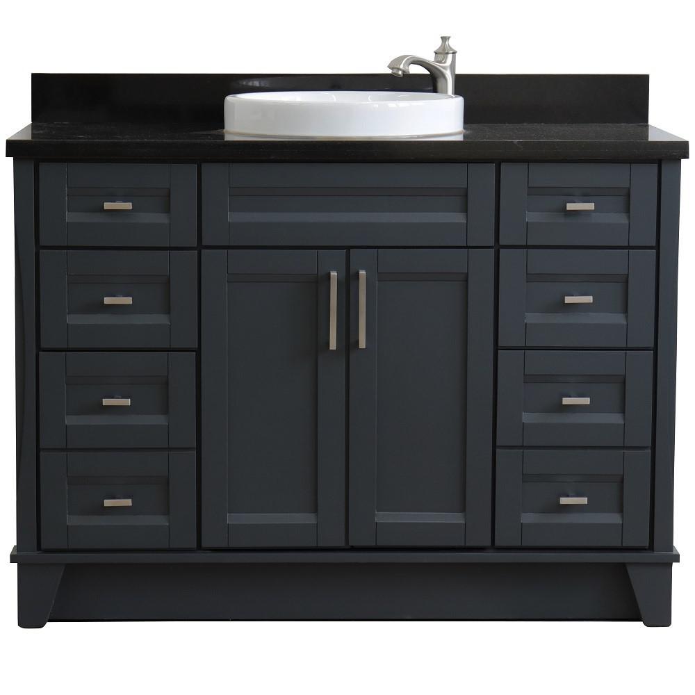Single sink vanity in Dark Gray with Black galaxy granite and round sink. Picture 8
