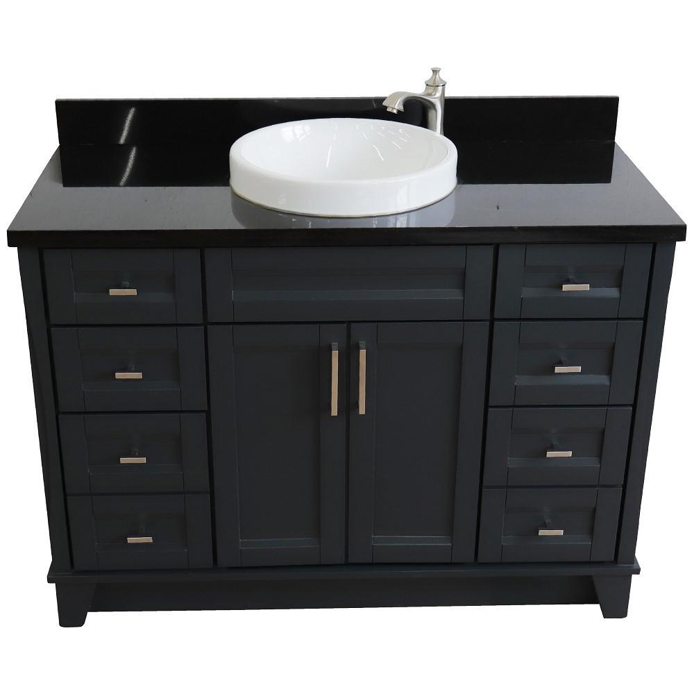 Single sink vanity in Dark Gray with Black galaxy granite and round sink. Picture 11