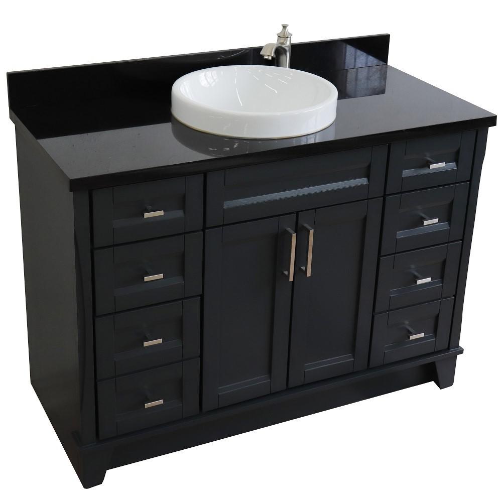 Single sink vanity in Dark Gray with Black galaxy granite and round sink. Picture 12