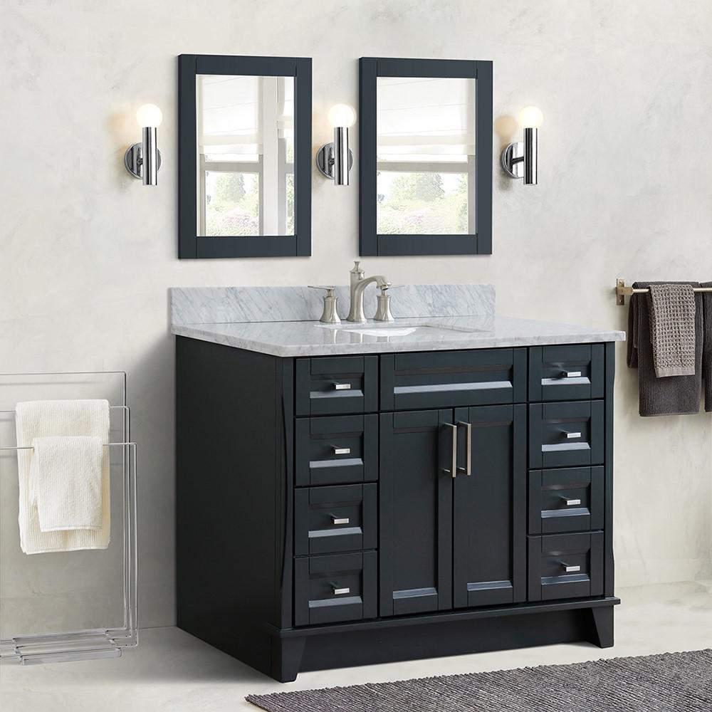 Single sink vanity in Dark Gray with White Carrara marble and rectangle sink. Picture 16
