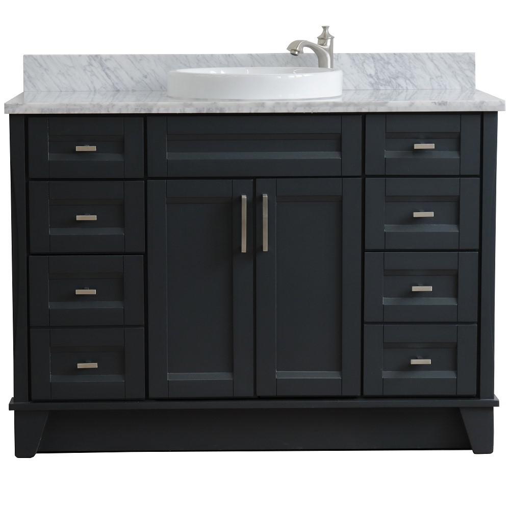 Single sink vanity in Dark Gray with White Carrara marble and round sink. Picture 8