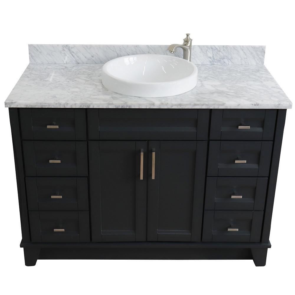 Single sink vanity in Dark Gray with White Carrara marble and round sink. Picture 11