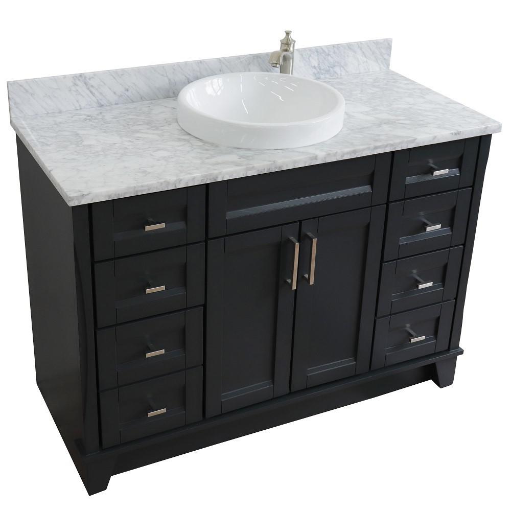 Single sink vanity in Dark Gray with White Carrara marble and round sink. Picture 12
