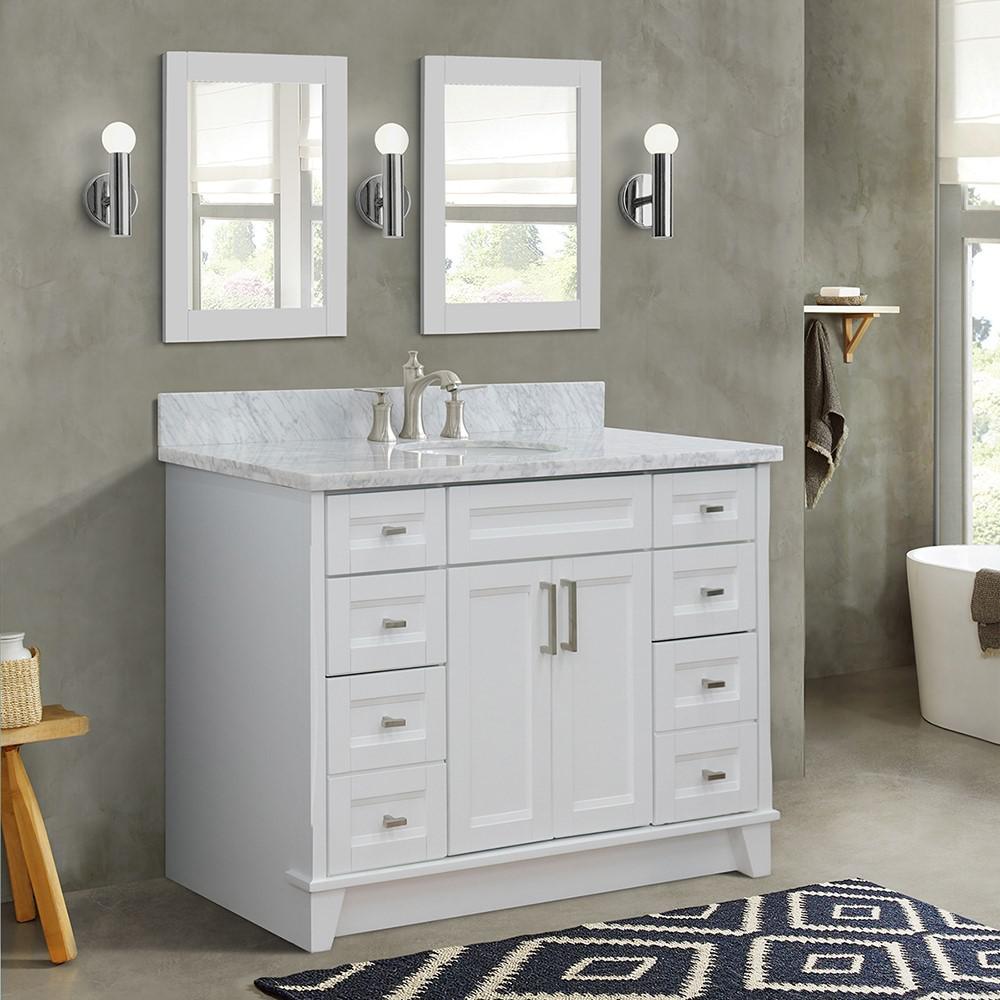 49 Single sink vanity in White finish with White Carrara marble and oval sink. Picture 1