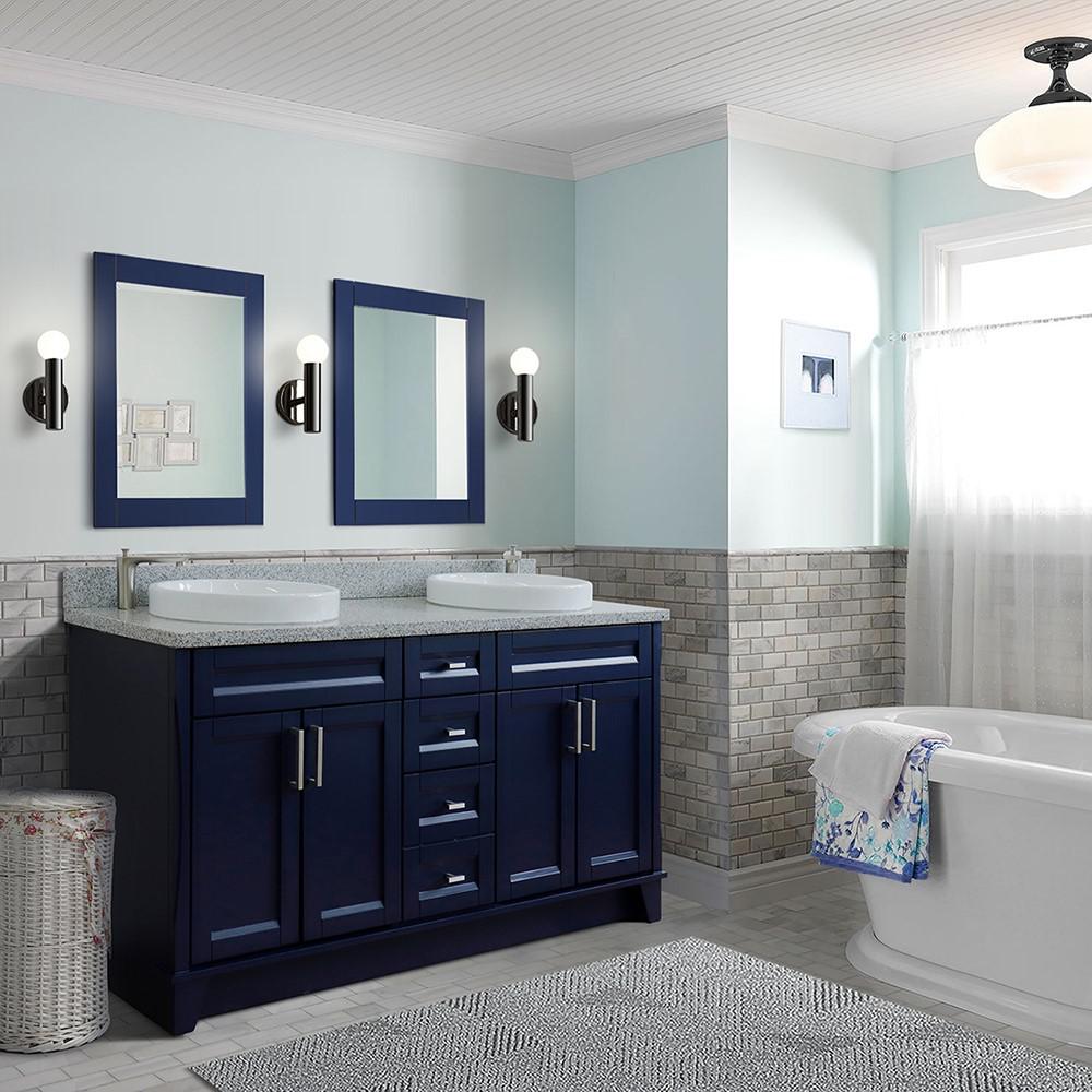61 Double sink vanity in Blue finish and Gray granite and round sink. Picture 1
