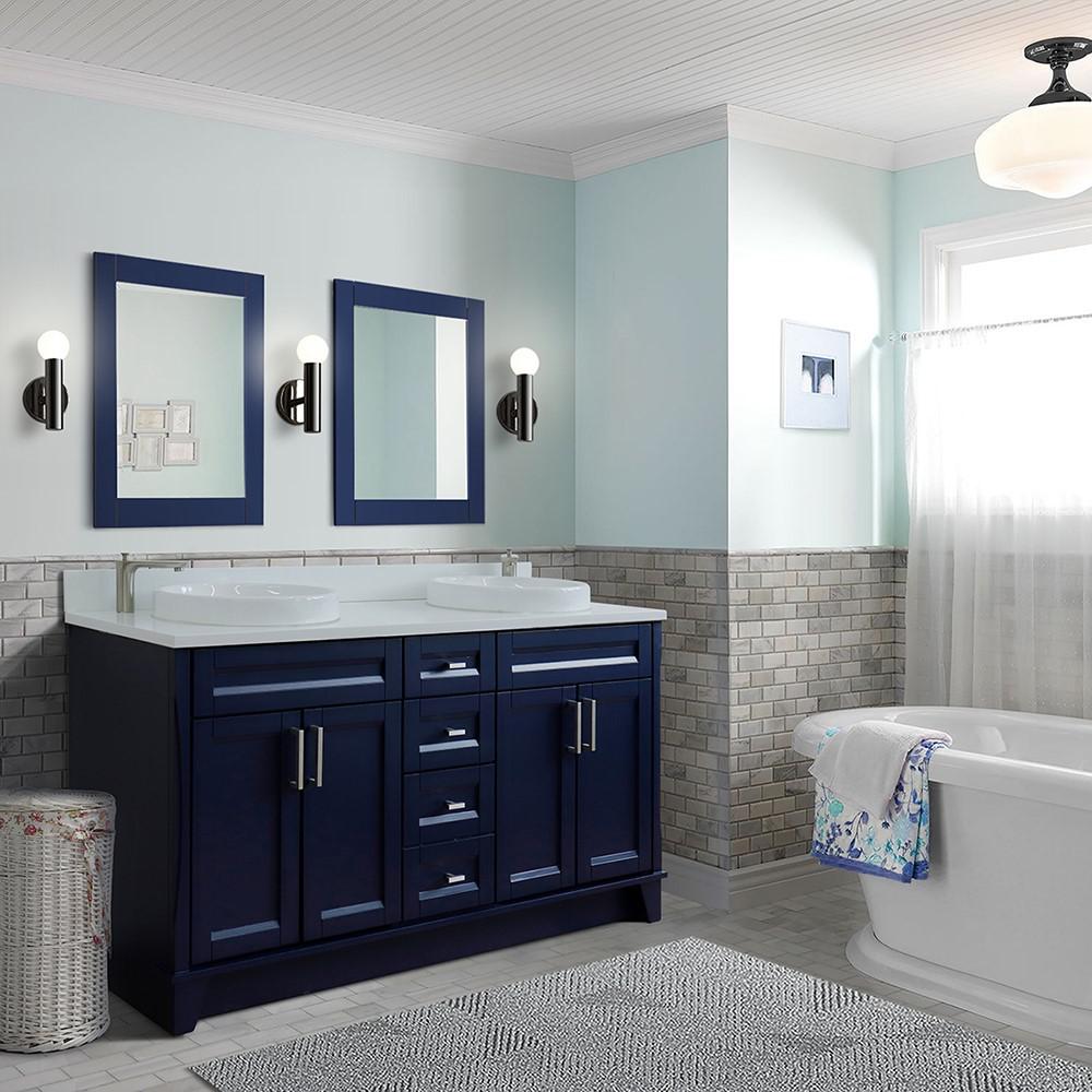 61 Double sink vanity in Blue finish and White quartz and round sink. Picture 1