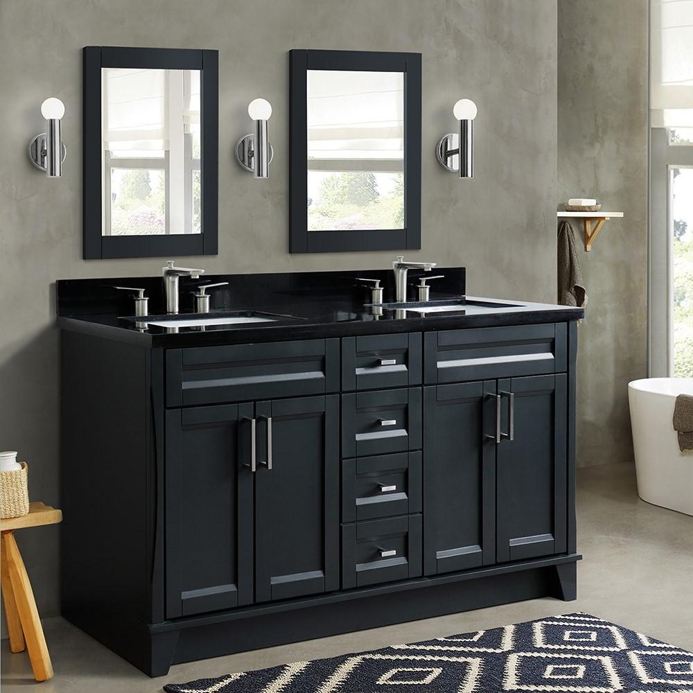 Double sink vanity in Dark Gray and Black galaxy granite and rectangle sink. Picture 17