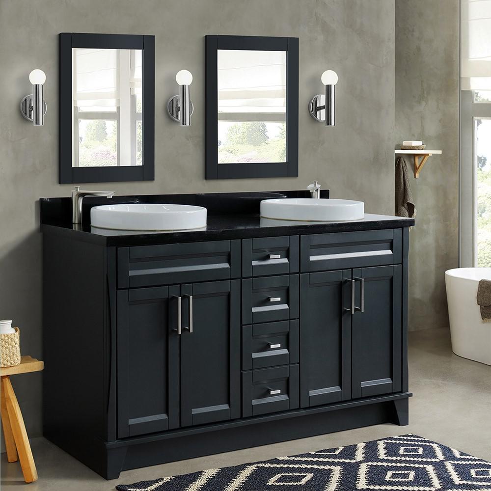 Double sink vanity in Dark Gray and Black galaxy granite and rectangle sink. Picture 1
