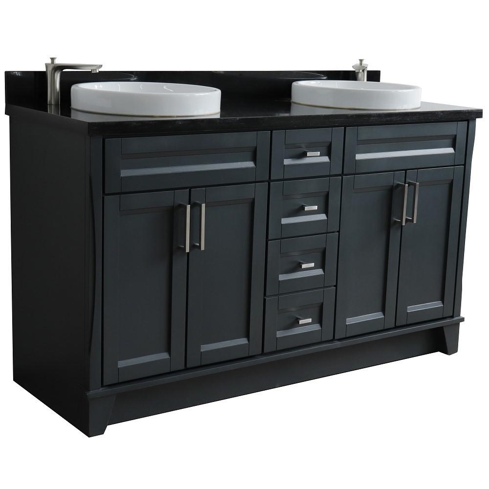 Double sink vanity in Dark Gray and Black galaxy granite and round sink. Picture 7