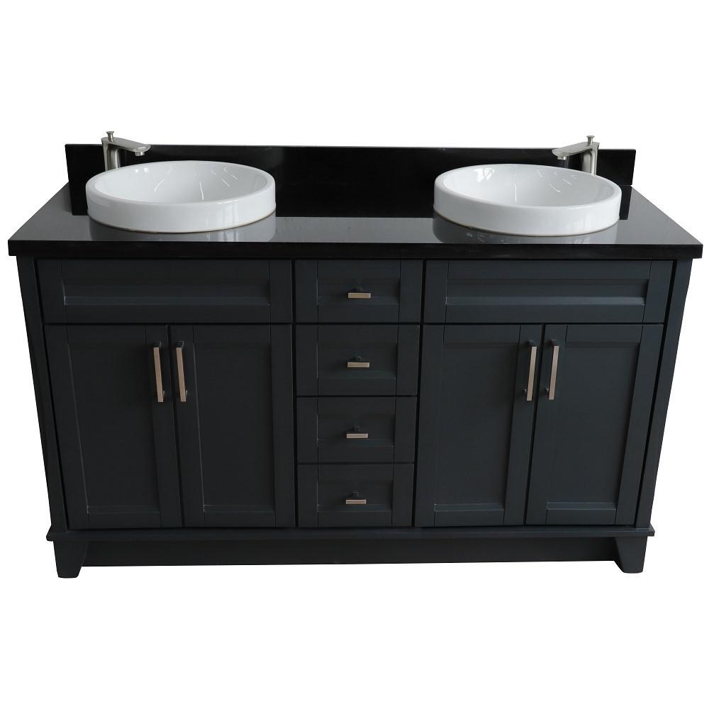 Double sink vanity in Dark Gray and Black galaxy granite and round sink. Picture 12