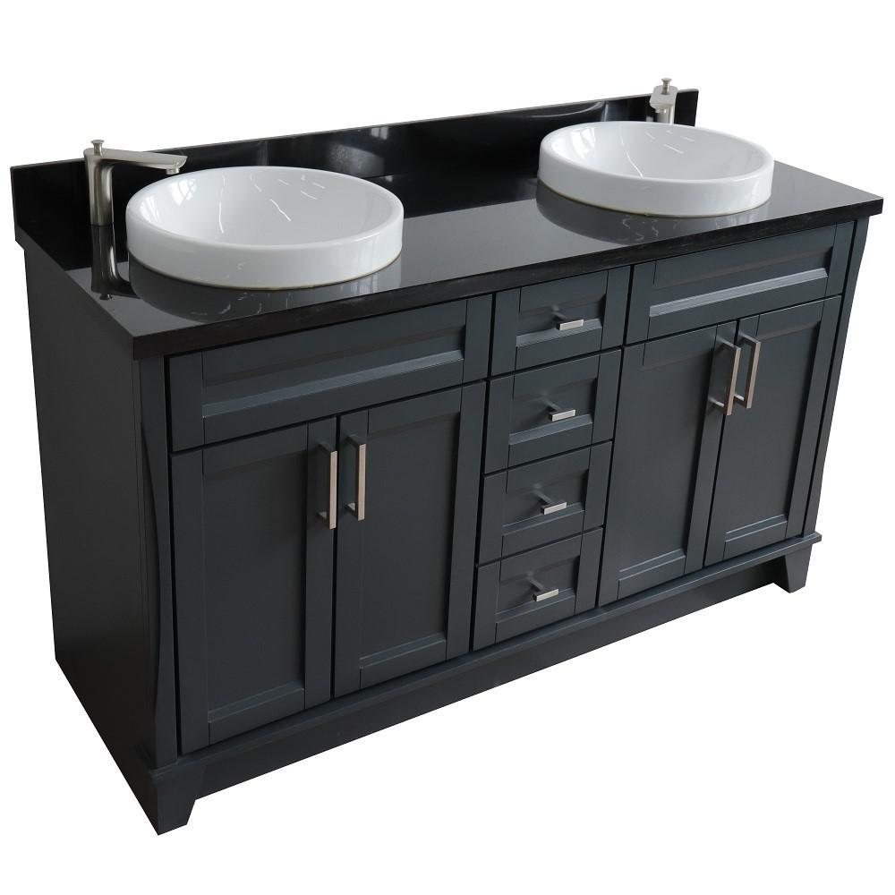 Double sink vanity in Dark Gray and Black galaxy granite and round sink. Picture 13