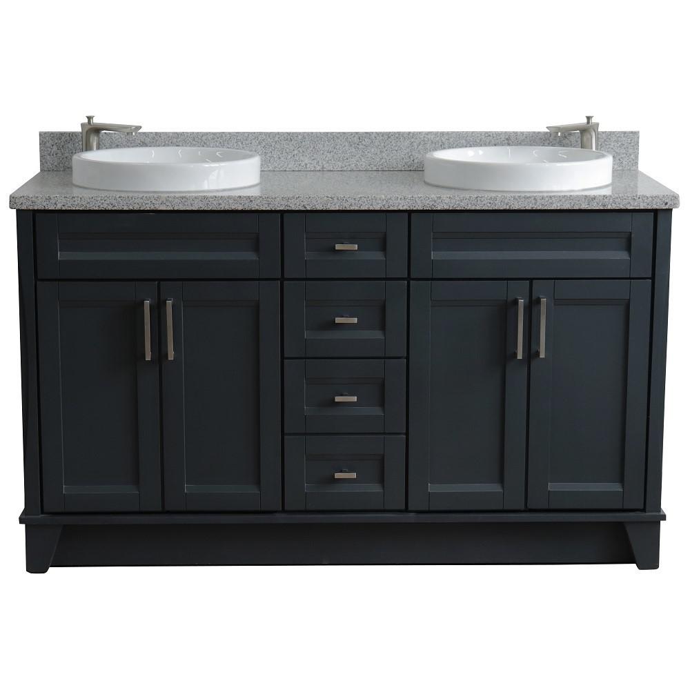 61 Double sink vanity in Dark Gray finish and Gray granite and round sink. Picture 9