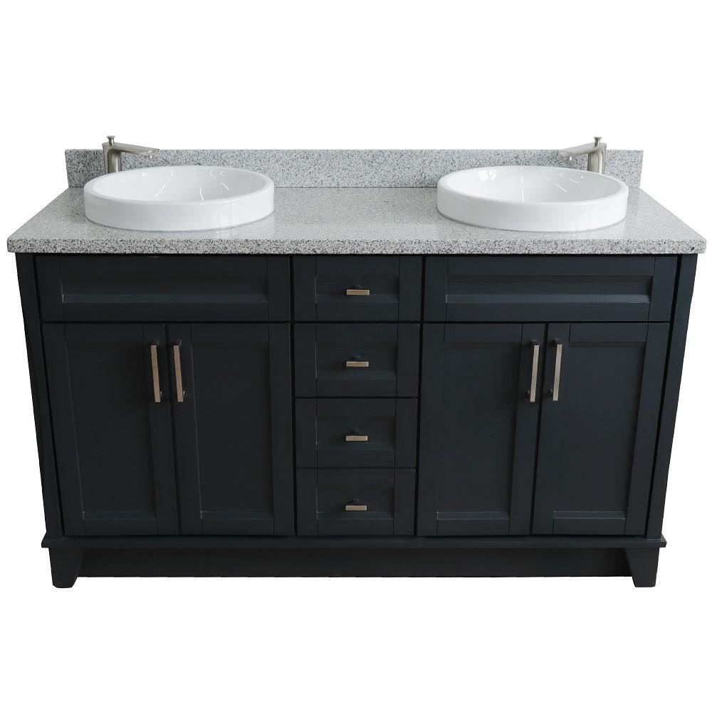 61 Double sink vanity in Dark Gray finish and Gray granite and round sink. Picture 12