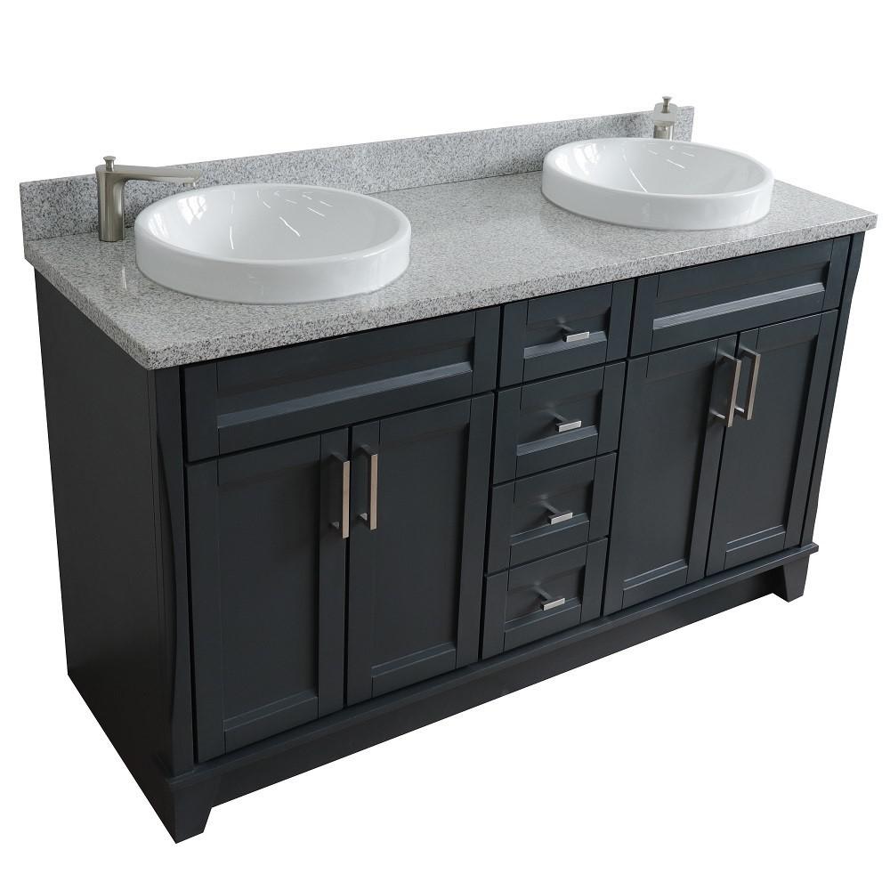 61 Double sink vanity in Dark Gray finish and Gray granite and round sink. Picture 13