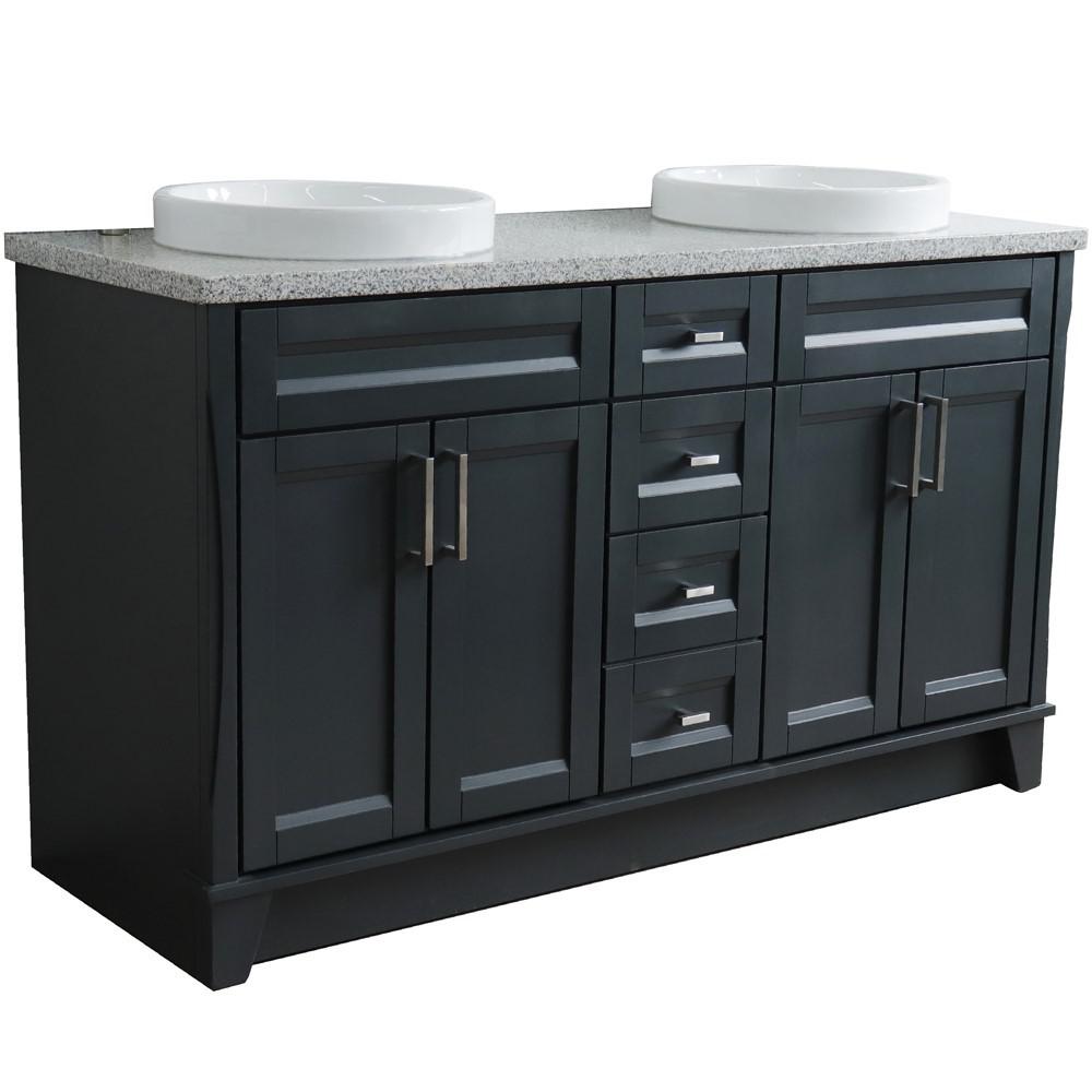 61 Double sink vanity in Dark Gray finish and Gray granite and round sink. Picture 16