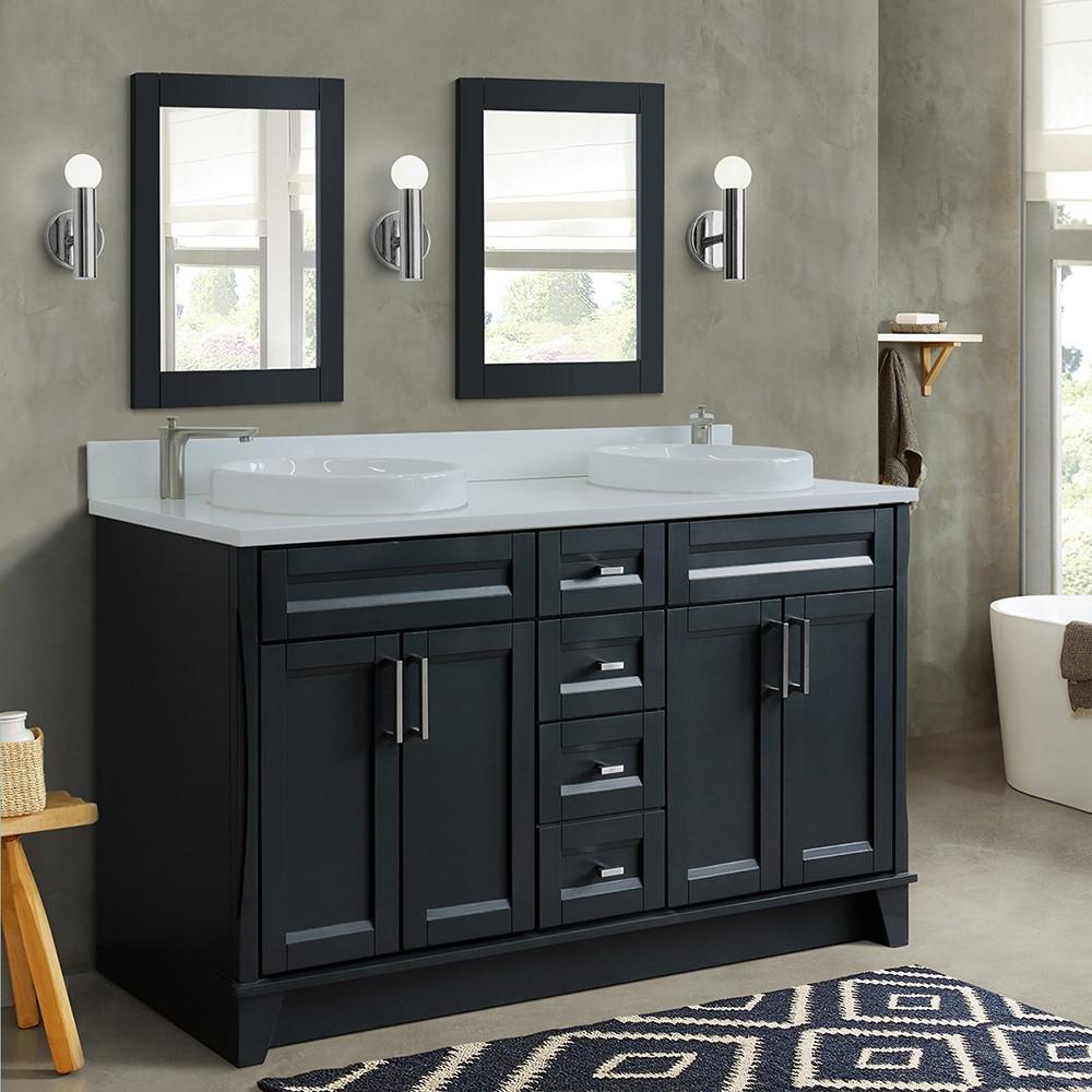 61 Double sink vanity in Dark Gray finish and White quartz and rectangle sink. Picture 1