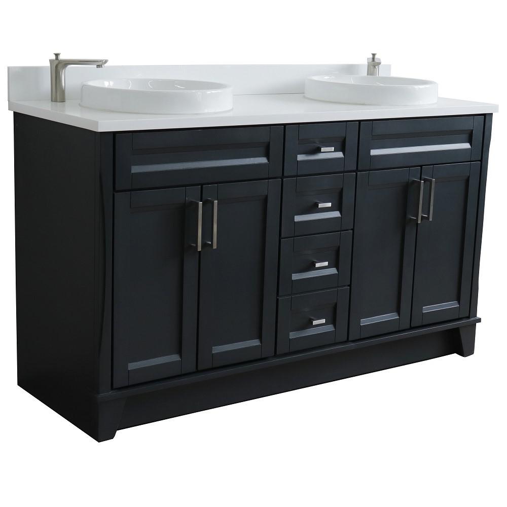 61 Double sink vanity in Dark Gray finish and White quartz and round sink. Picture 7