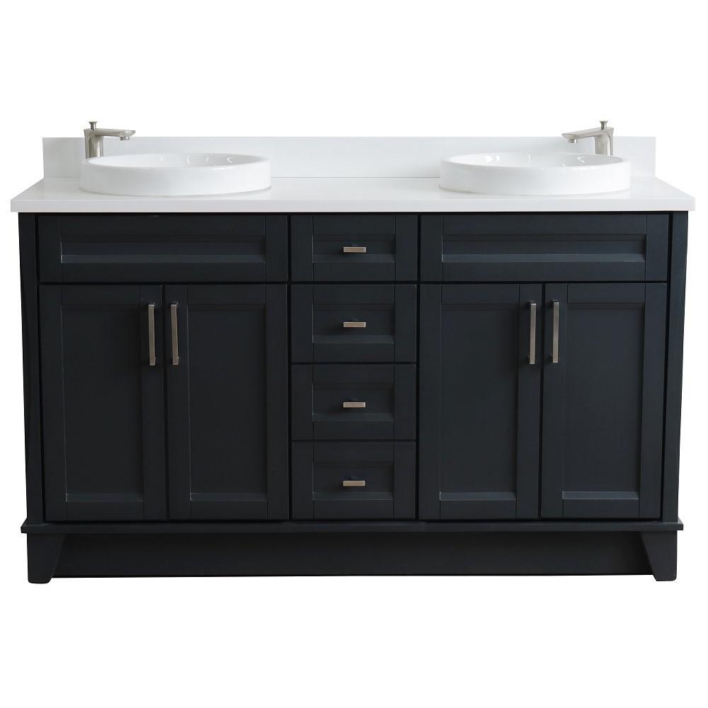 61 Double sink vanity in Dark Gray finish and White quartz and round sink. Picture 9