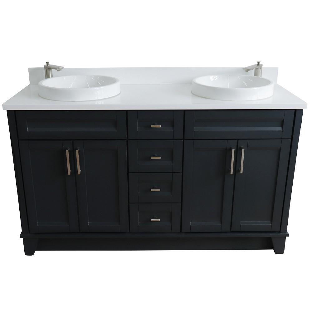 61 Double sink vanity in Dark Gray finish and White quartz and round sink. Picture 12