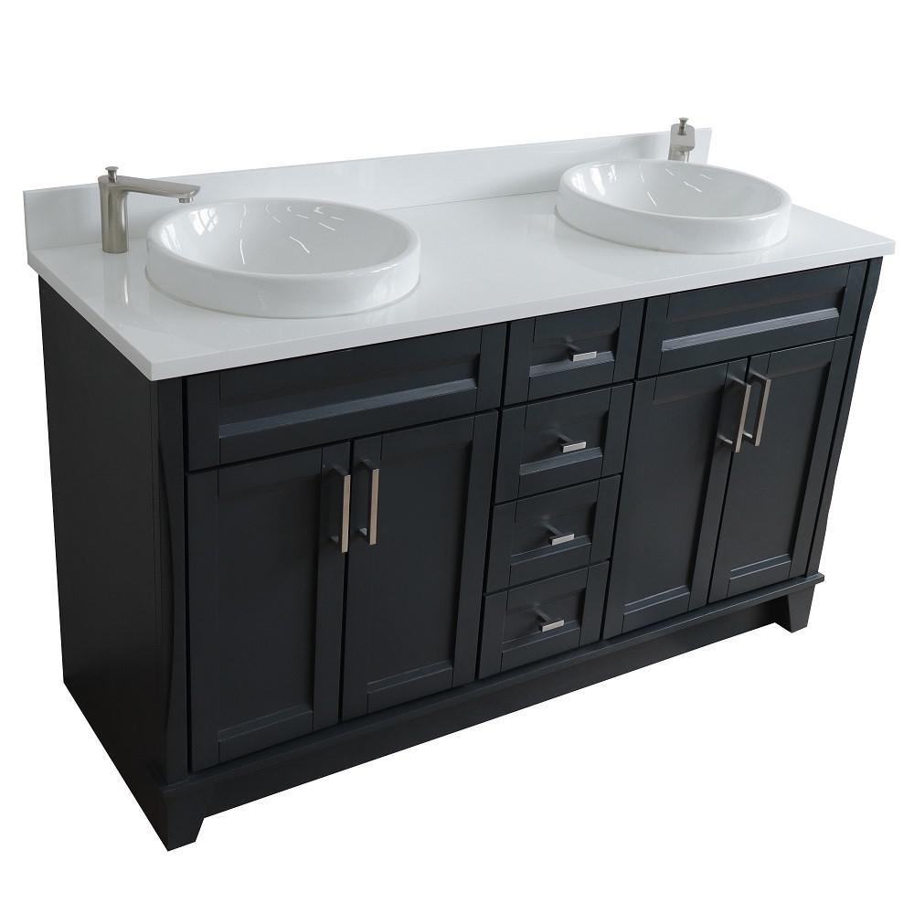 61 Double sink vanity in Dark Gray finish and White quartz and round sink. Picture 13