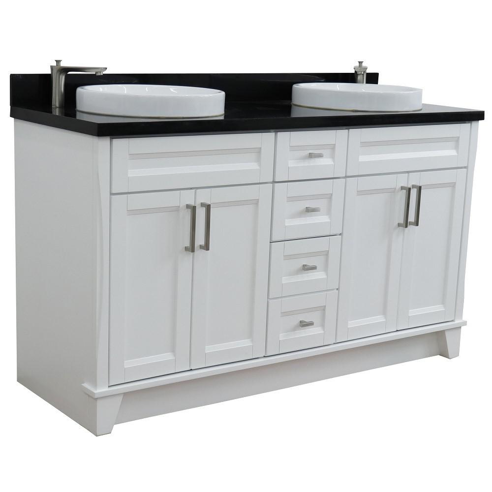 61 Double sink vanity in White finish and Black galaxy granite and round sink. Picture 7