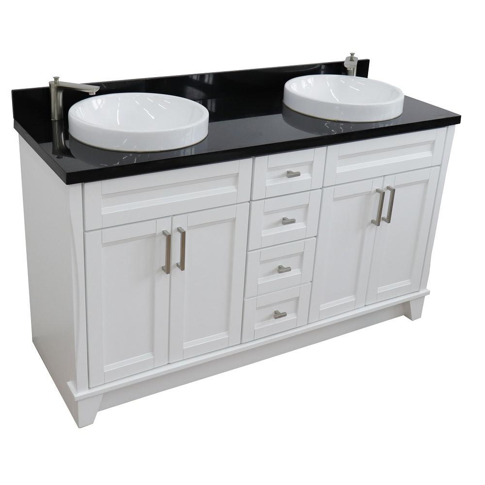 61 Double sink vanity in White finish and Black galaxy granite and round sink. Picture 13
