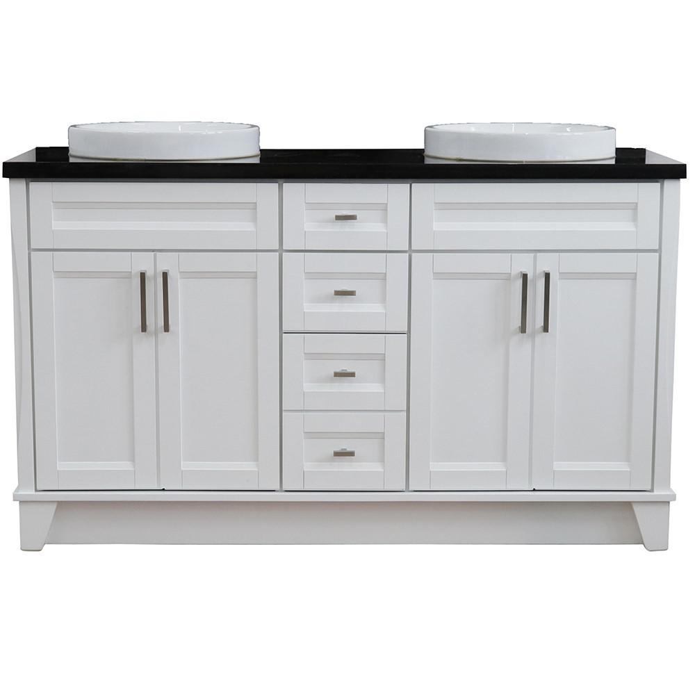 61 Double sink vanity in White finish and Black galaxy granite and round sink. Picture 15