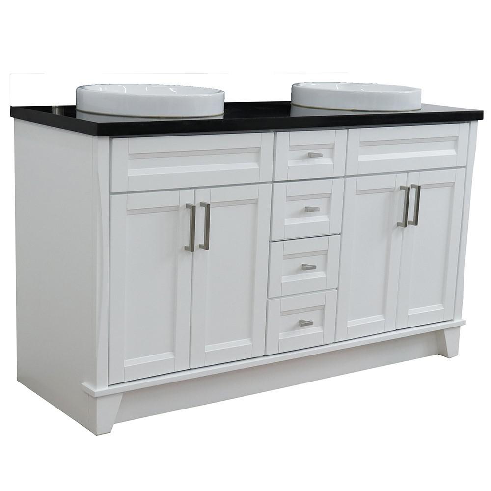 61 Double sink vanity in White finish and Black galaxy granite and round sink. Picture 16