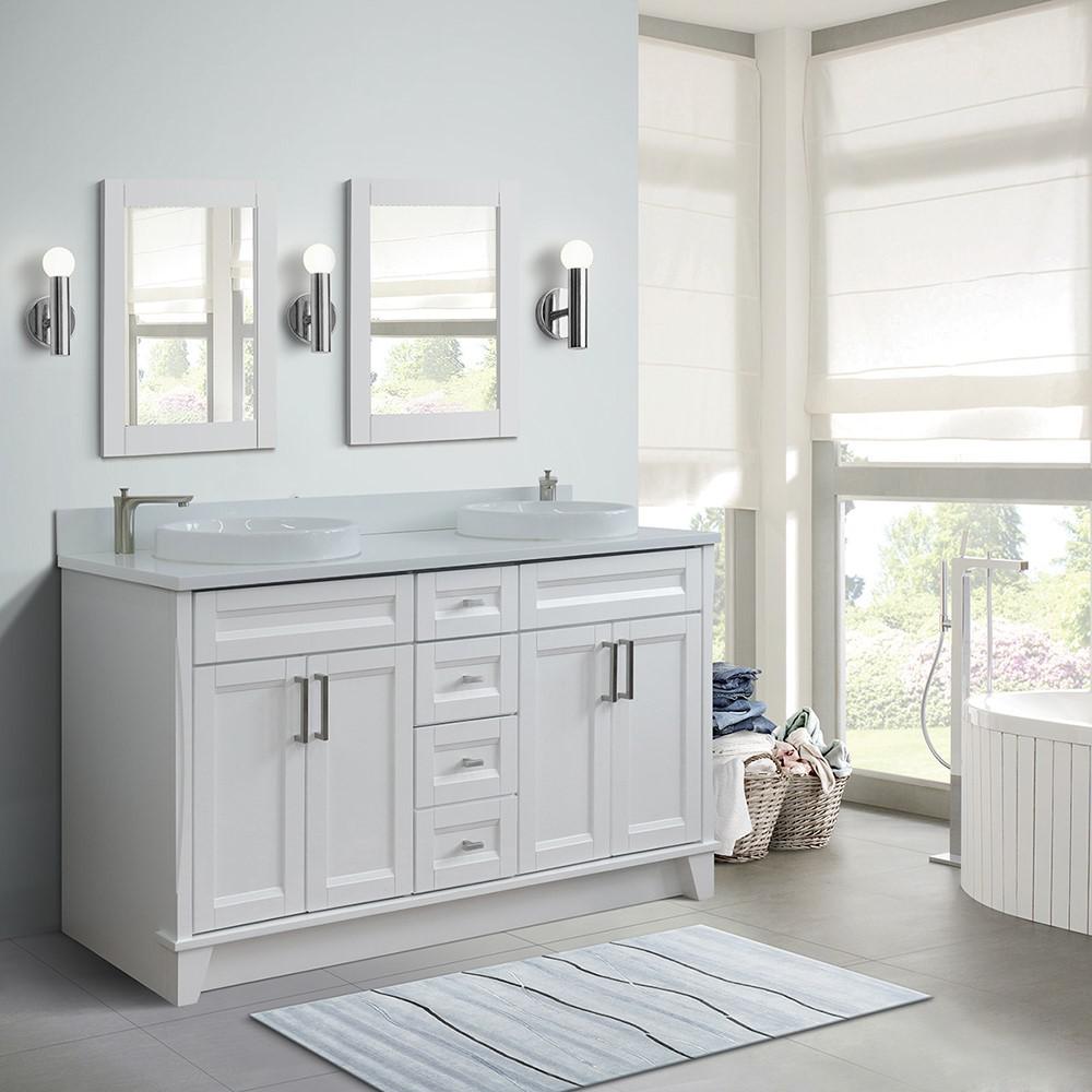 61 Double sink vanity in White finish and White quartz and rectangle sink. Picture 1