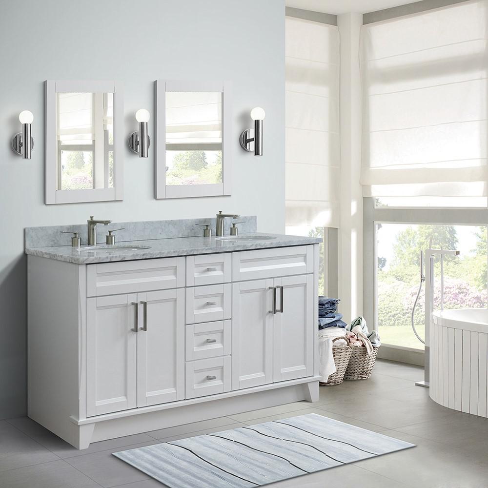 61 Double sink vanity in White finish and White Carrara marble and oval sink. Picture 1