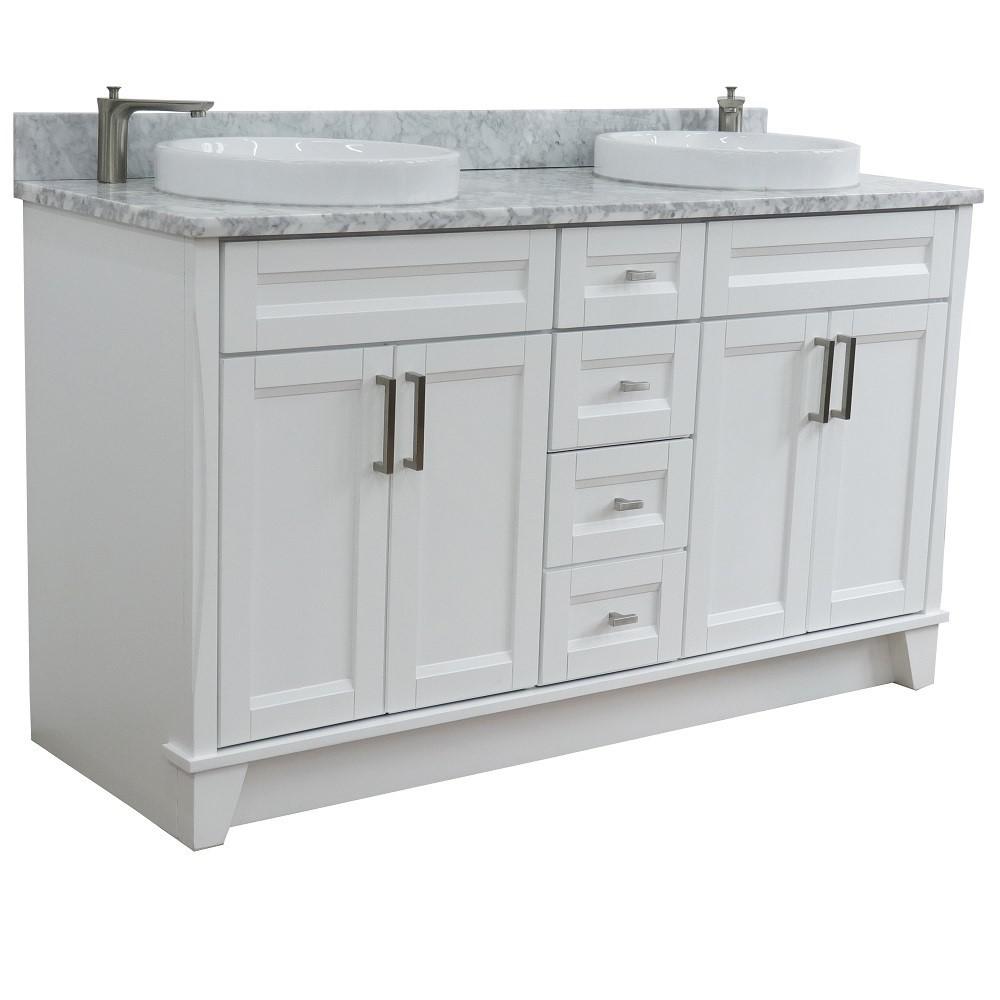 61 Double sink vanity in White finish and White Carrara marble and round sink. Picture 7