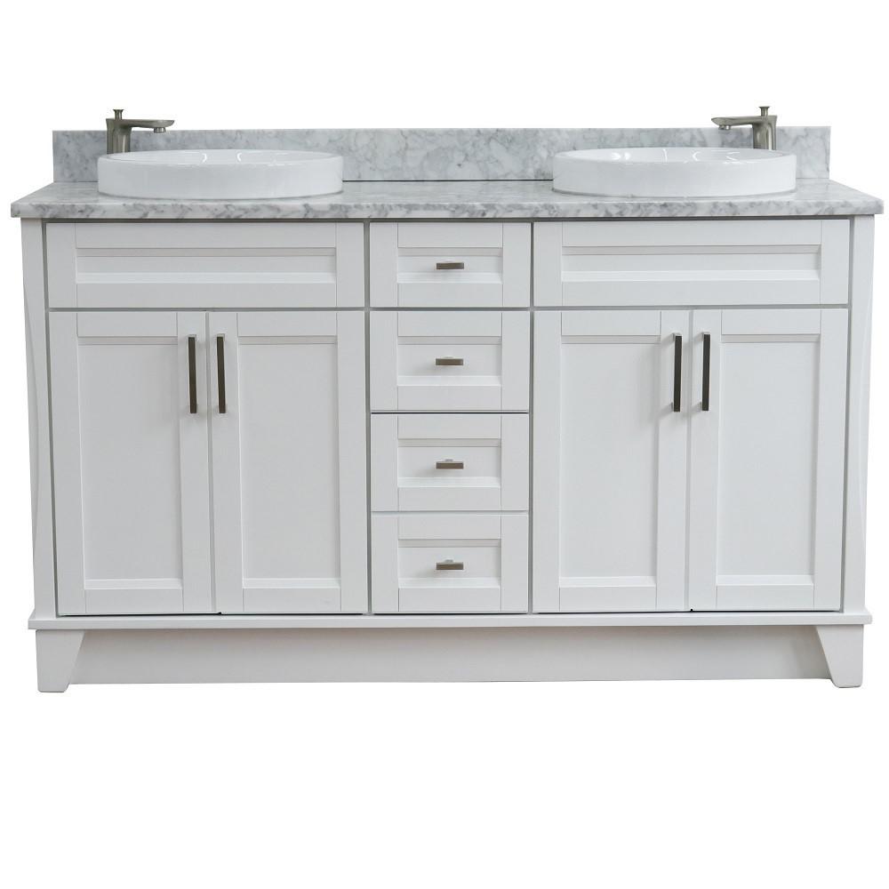 61 Double sink vanity in White finish and White Carrara marble and round sink. Picture 9
