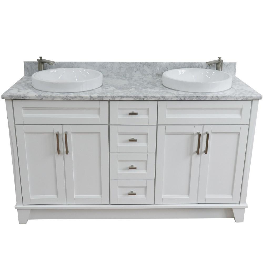61 Double sink vanity in White finish and White Carrara marble and round sink. Picture 12
