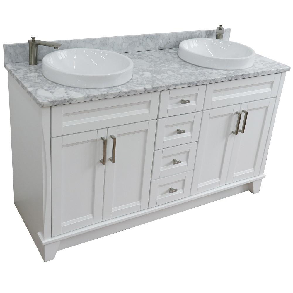 61 Double sink vanity in White finish and White Carrara marble and round sink. Picture 13