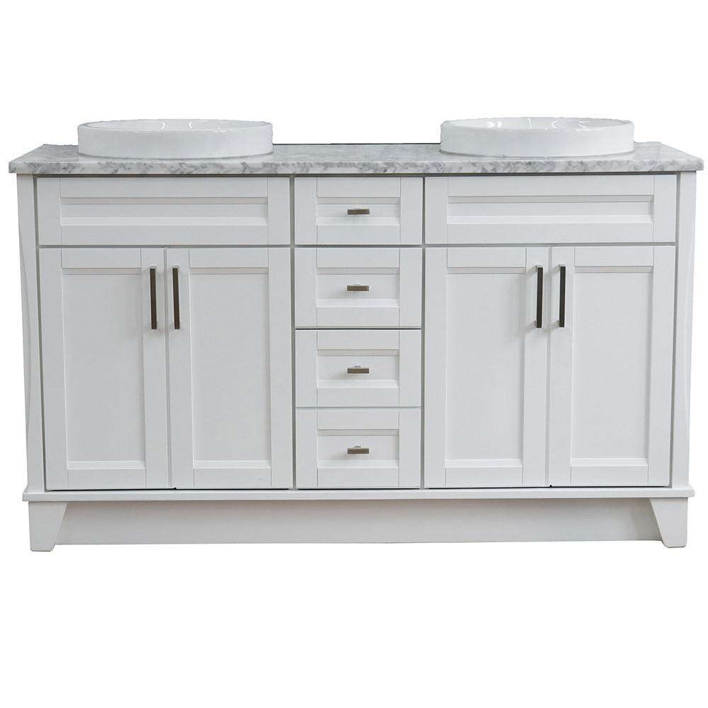 61 Double sink vanity in White finish and White Carrara marble and round sink. Picture 15