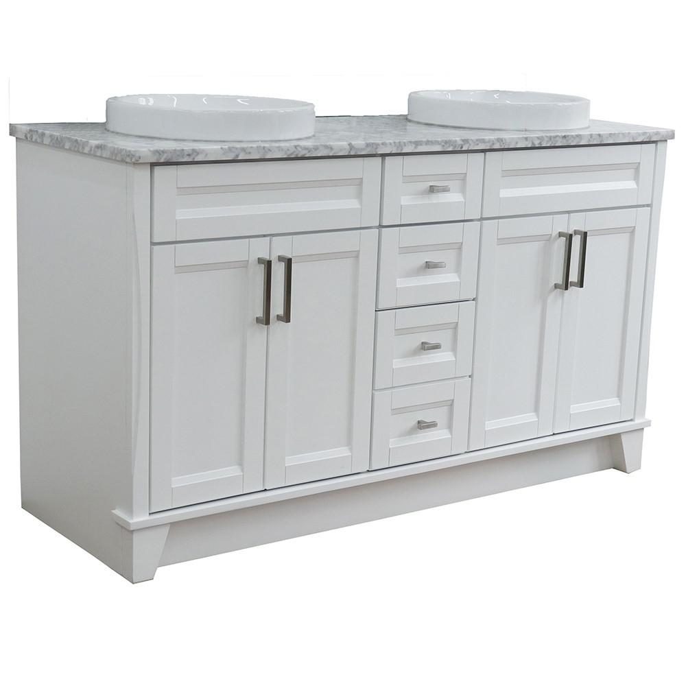 61 Double sink vanity in White finish and White Carrara marble and round sink. Picture 16