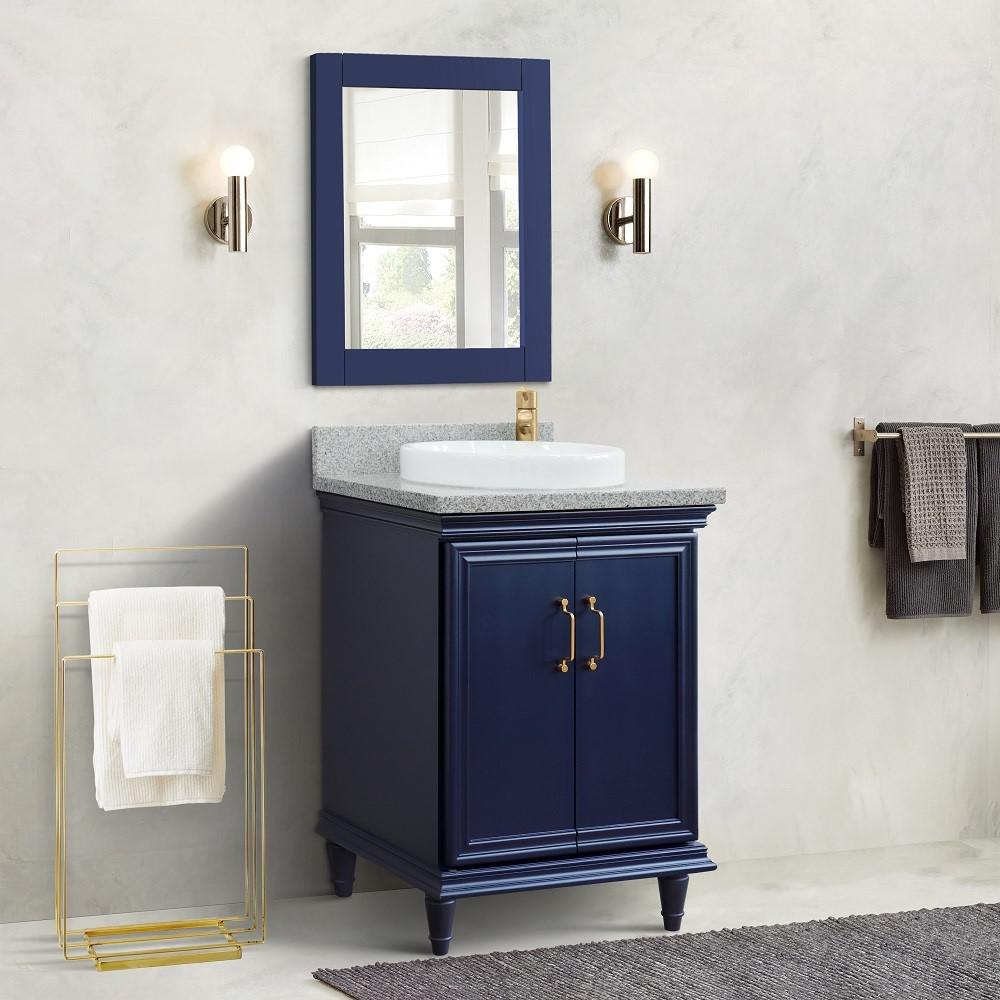 25 Single vanity in Blue finish with Gray granite and round sink. Picture 2