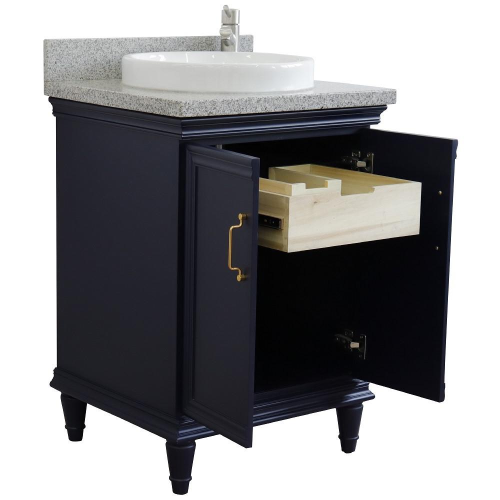 25 Single vanity in Blue finish with Gray granite and round sink. Picture 5
