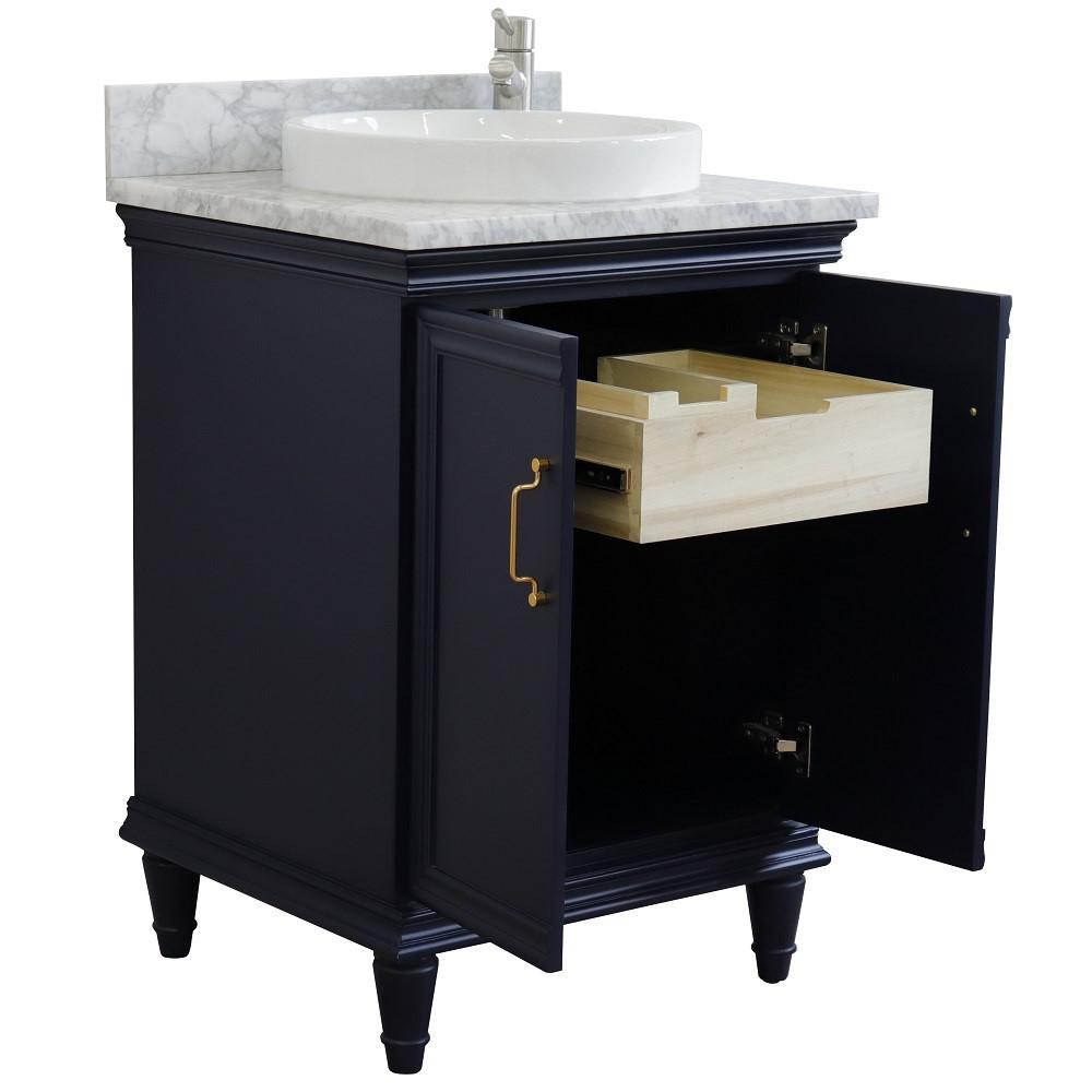 25 Single vanity in Blue finish with White Carrara and round sink. Picture 5