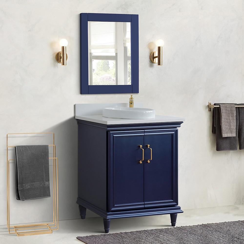 31 Single vanity in Blue finish with White quartz and rectangle sink. Picture 1