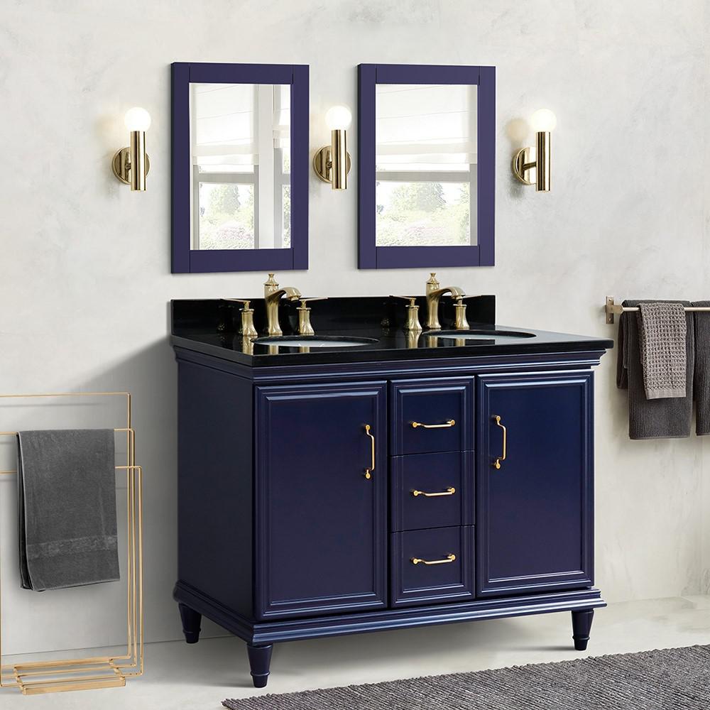 49 Double vanity in Blue finish with Black galaxy and oval sink. Picture 1