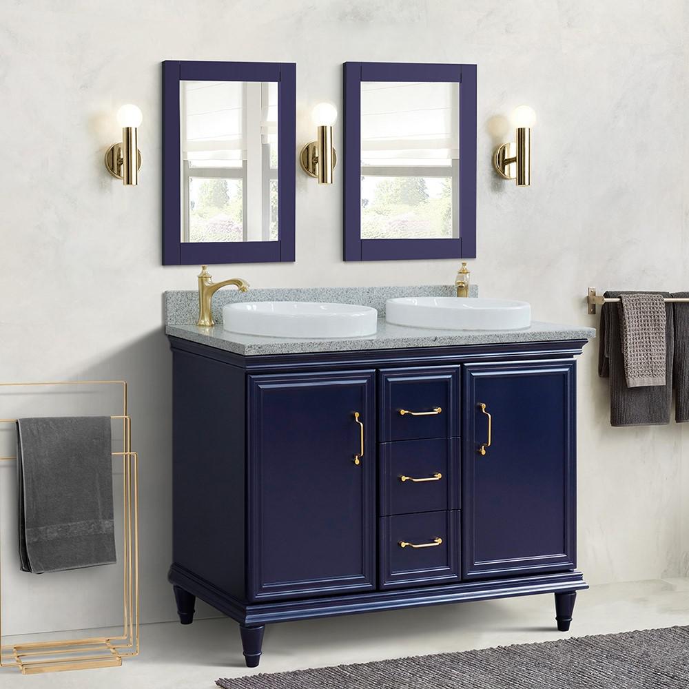 49 Double vanity in Blue finish with Gray granite and rectangle sink. Picture 1