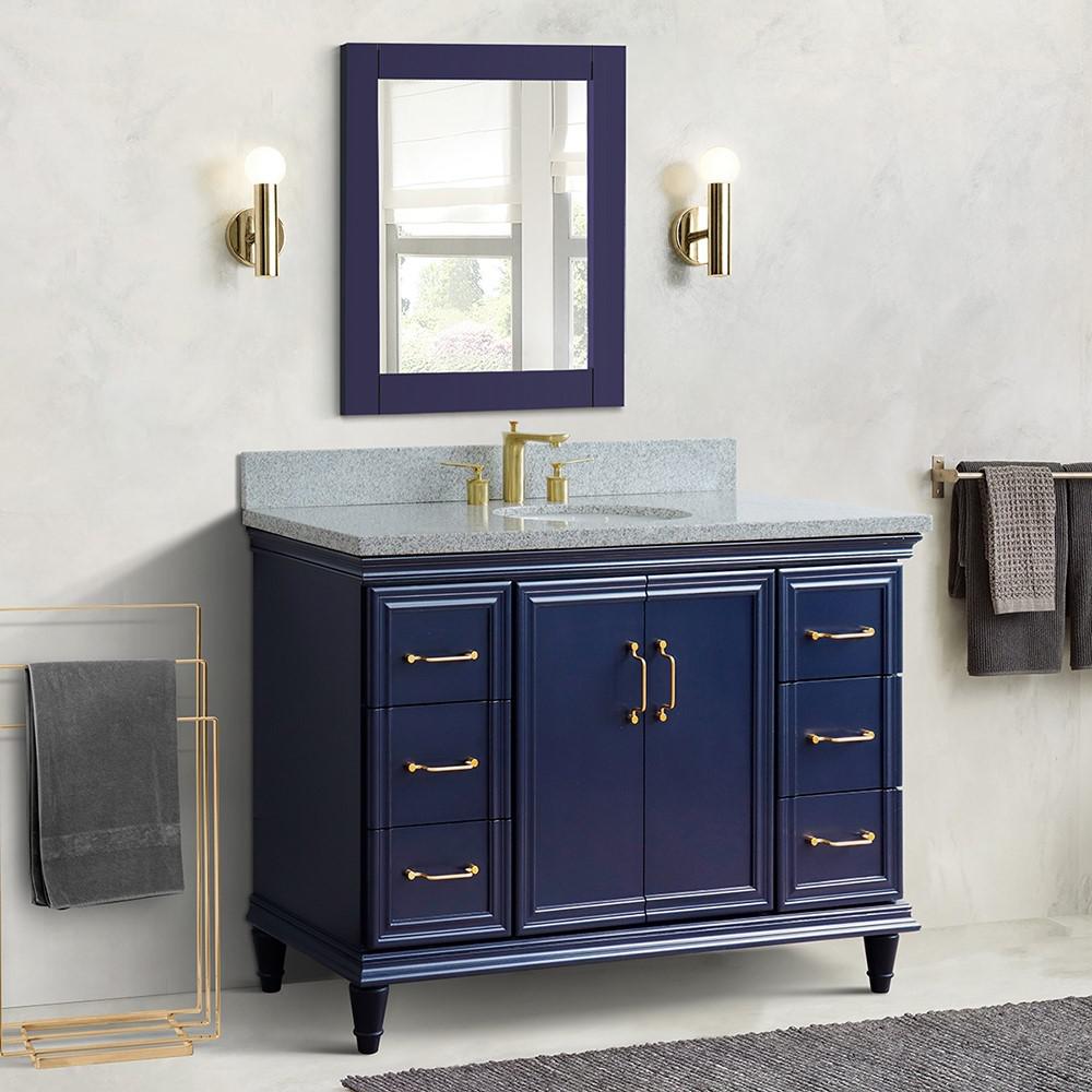 49 Single sink vanity in Blue finish with Gray granite and oval sink. Picture 1
