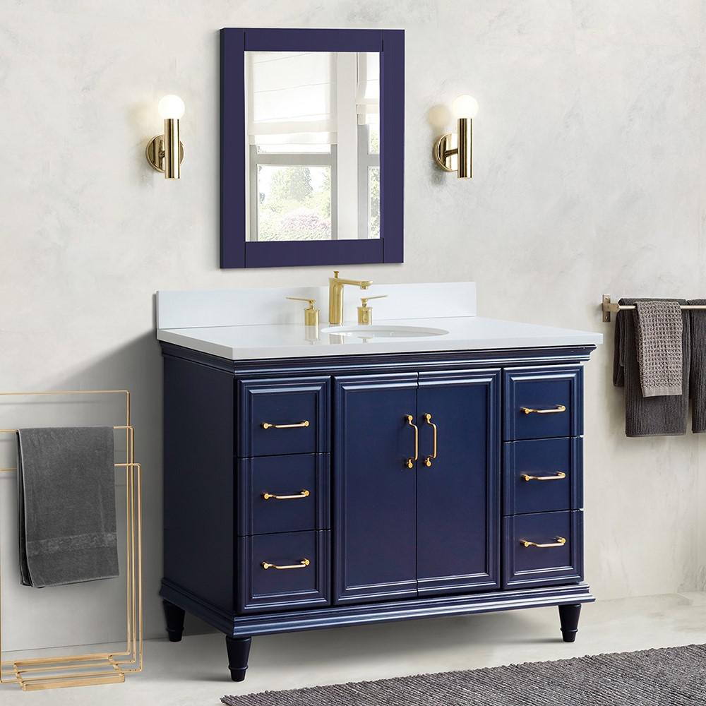 49 Single sink vanity in Blue finish with White quartz and oval sink. Picture 1