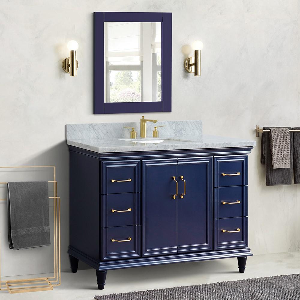 Single sink vanity in Blue with White carrara marble and rectangle sink. Picture 16